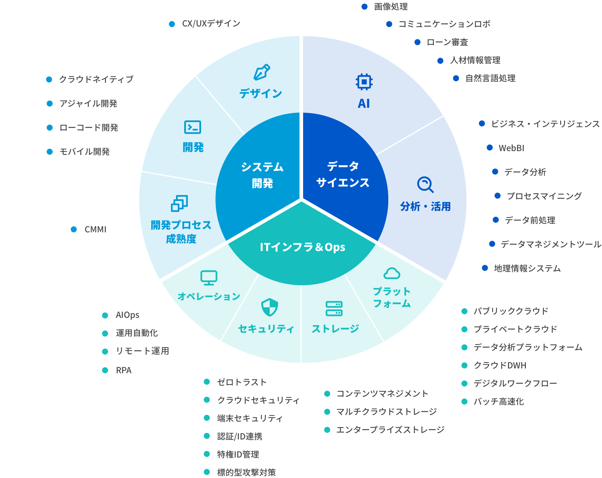 データサイエンス（AI/分析・活用）　ITインフラ＆オペレーション（プラットフォーム/ストレージ/セキュリティ/オペレーション）　システム開発（開発プロセス成熟度/開発/デザイン）