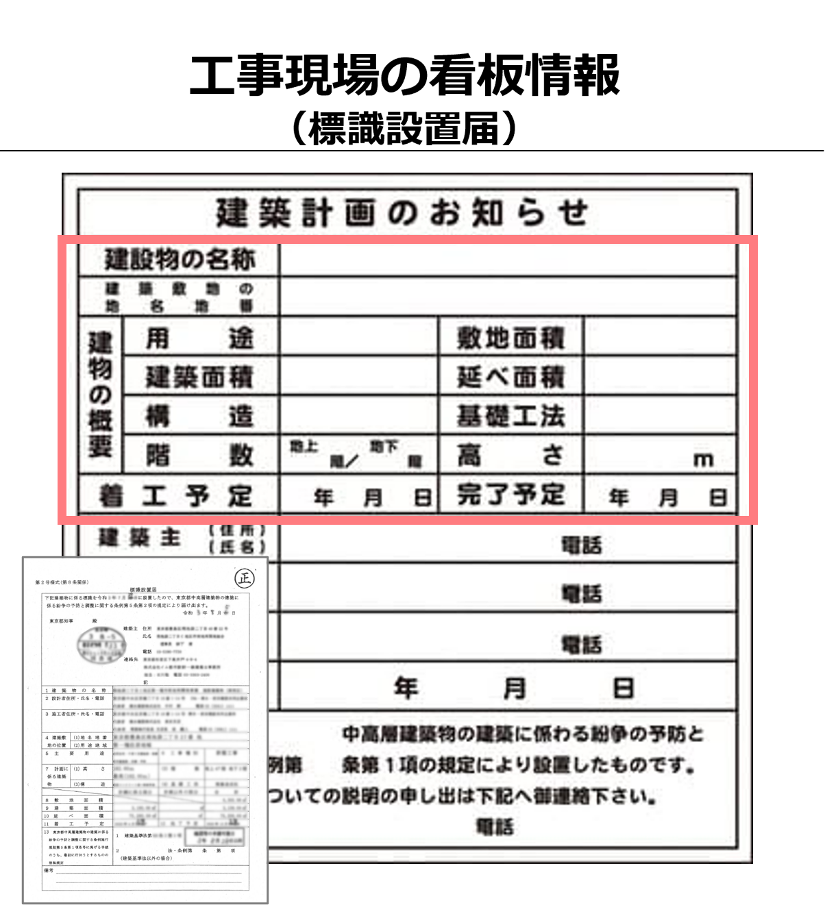 工事現場の看板情報 （標識設置届）：工事に関する詳細な情報が 記載されたデータ