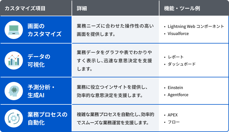 Salessforce導入に際し、当社がどのようなカスタマイズに対応可能か示した画像