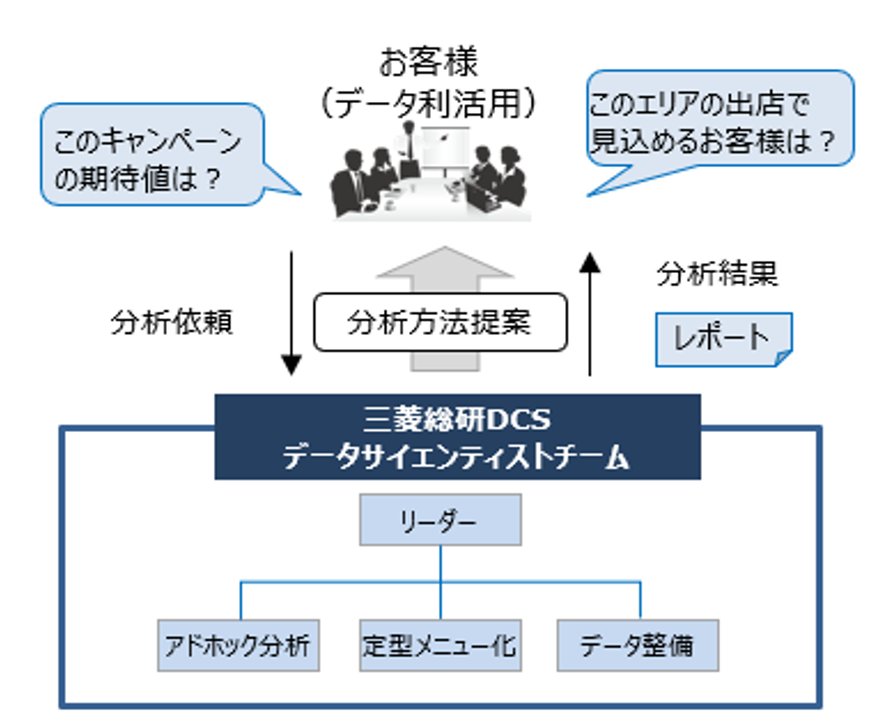 三菱総研ＤＣＳのデータサイエンティストチームは、ご依頼を承けて分析方法を提案し、リーダーの下、アドホック分析、定型メニュー化、データ整備などを行った結果をレポートとしてご提供します。