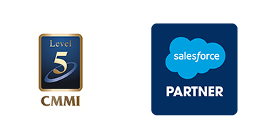 当社保有のCMMIレベル5のロゴとSalesforce認定パートナーのロゴを示した画像